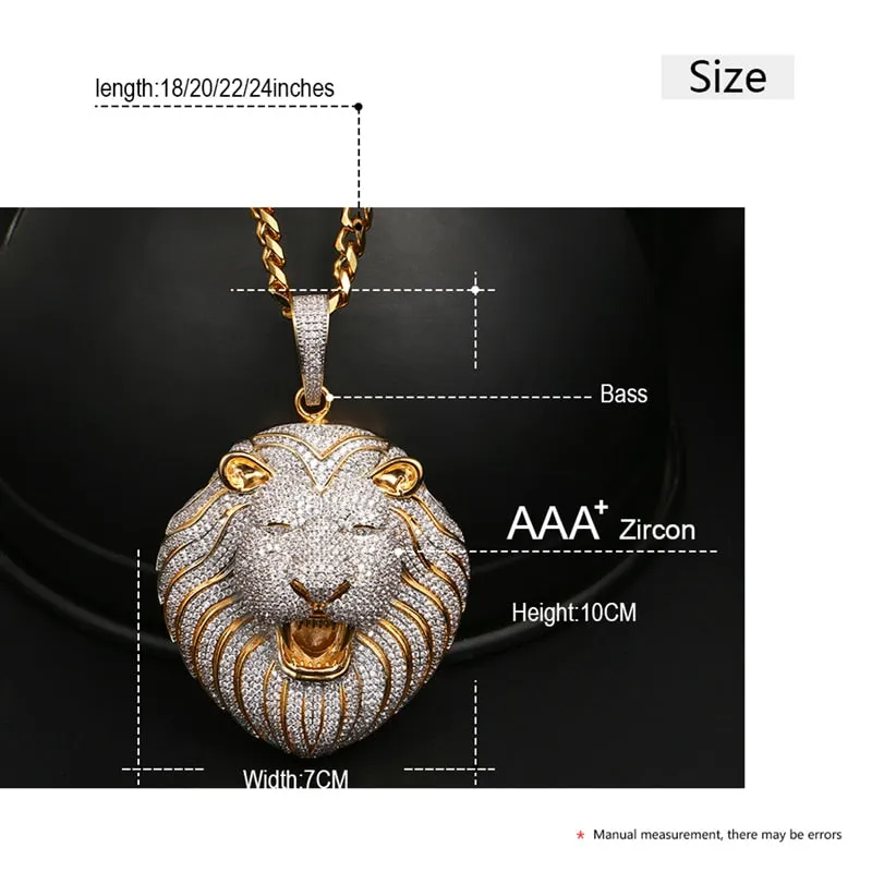 18K Gold Plated Necklace- Lion Head Pendant- Iced Out Lion Head Necklace