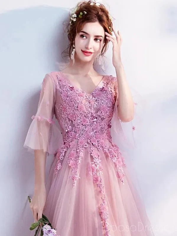 A-line Applique V Neck Long Sleeves Prom Dresses, Sweet 16 Prom Dresses, 12472