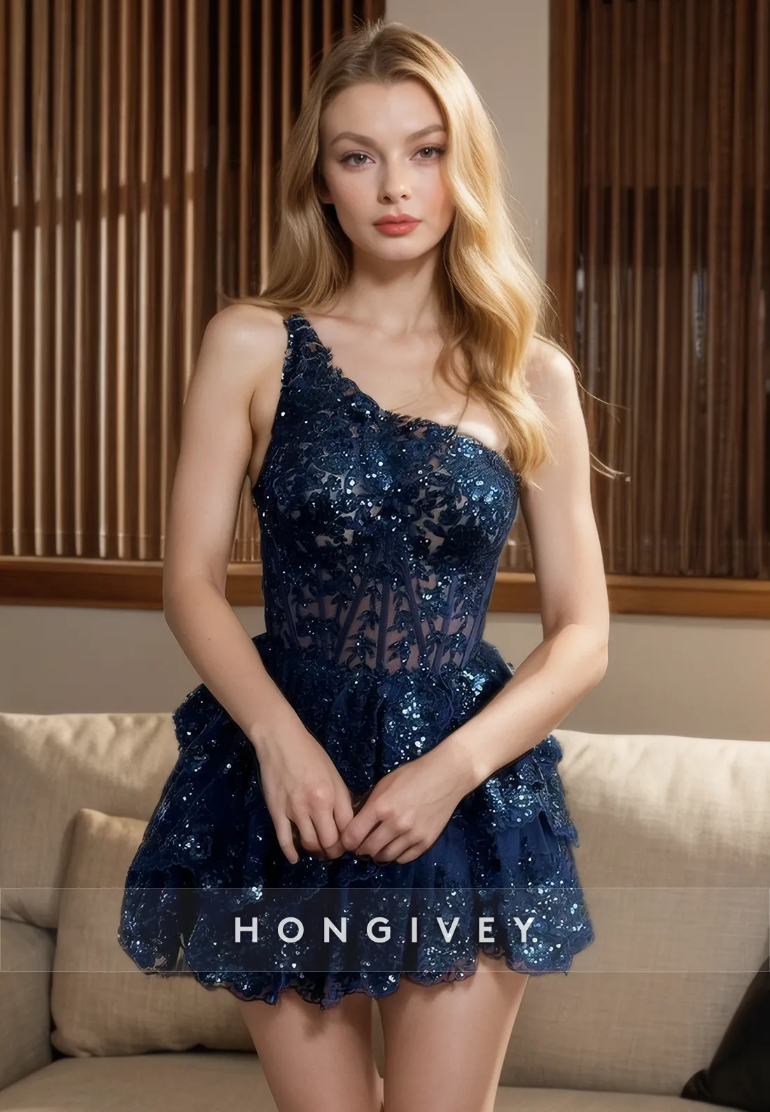 A-Line One Shoulder Sleeveless Lace Applique Short Homecoming Dress