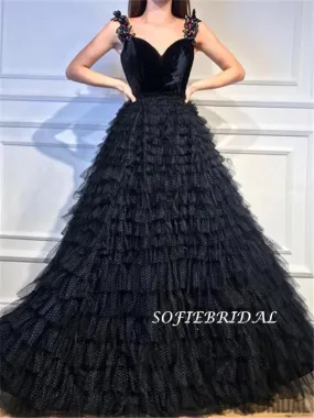 A-line V-neck Appliques Strpas Long Black Tulle Prom Dresses, PD0130