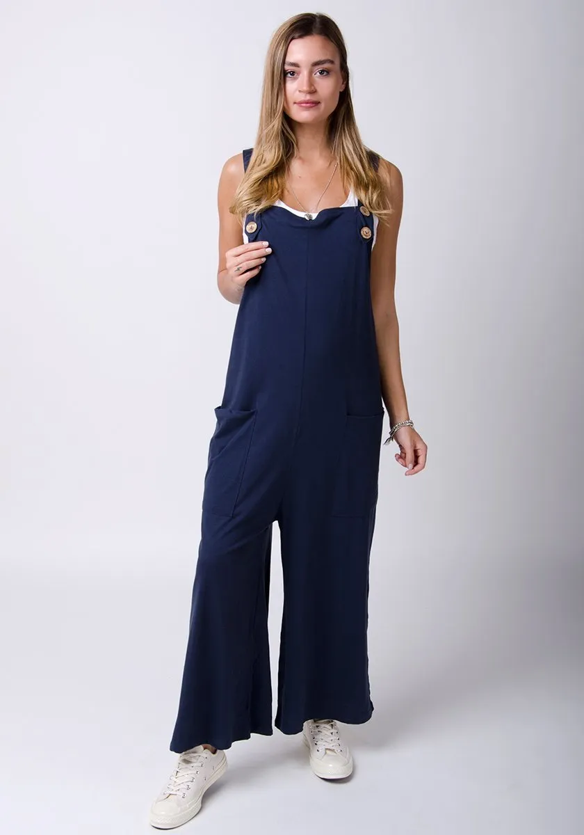 AMBER Loose Fit Jersey Dungarees - Navy