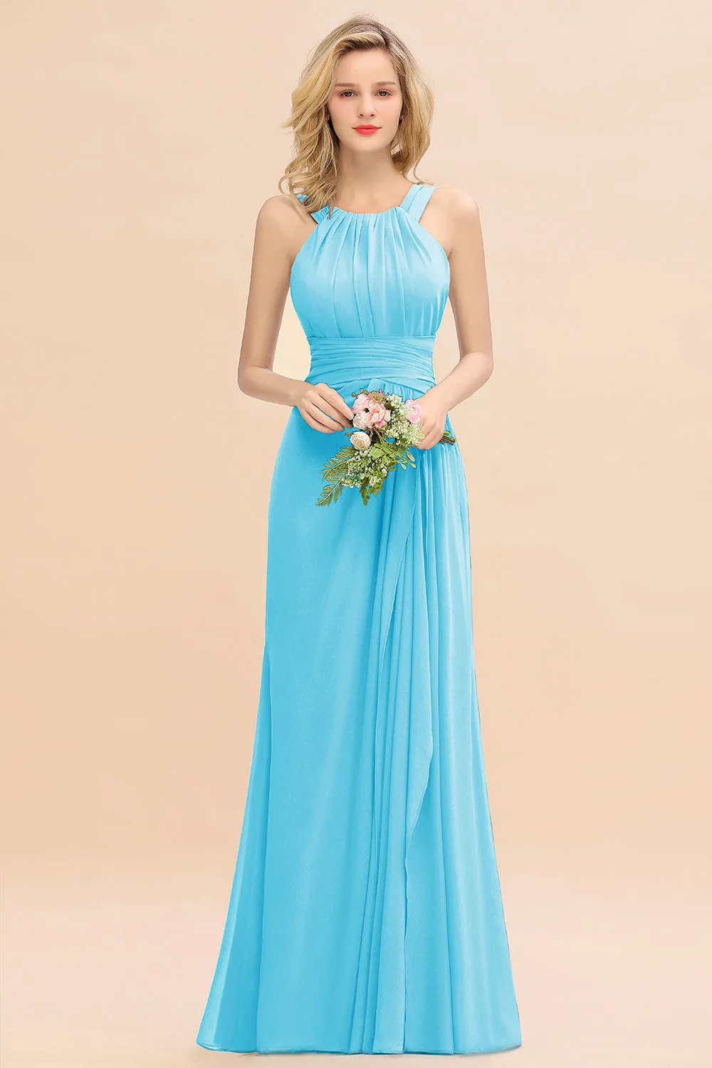 Beautiful Long A-line Halter Chiffon Backless Bridesmaid Dresses