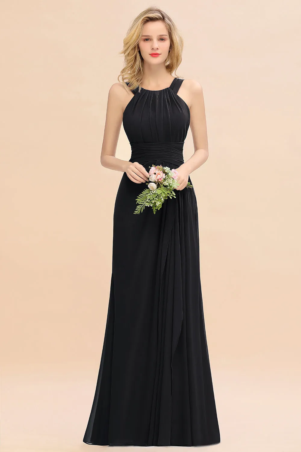 Beautiful Long A-line Halter Chiffon Backless Bridesmaid Dresses