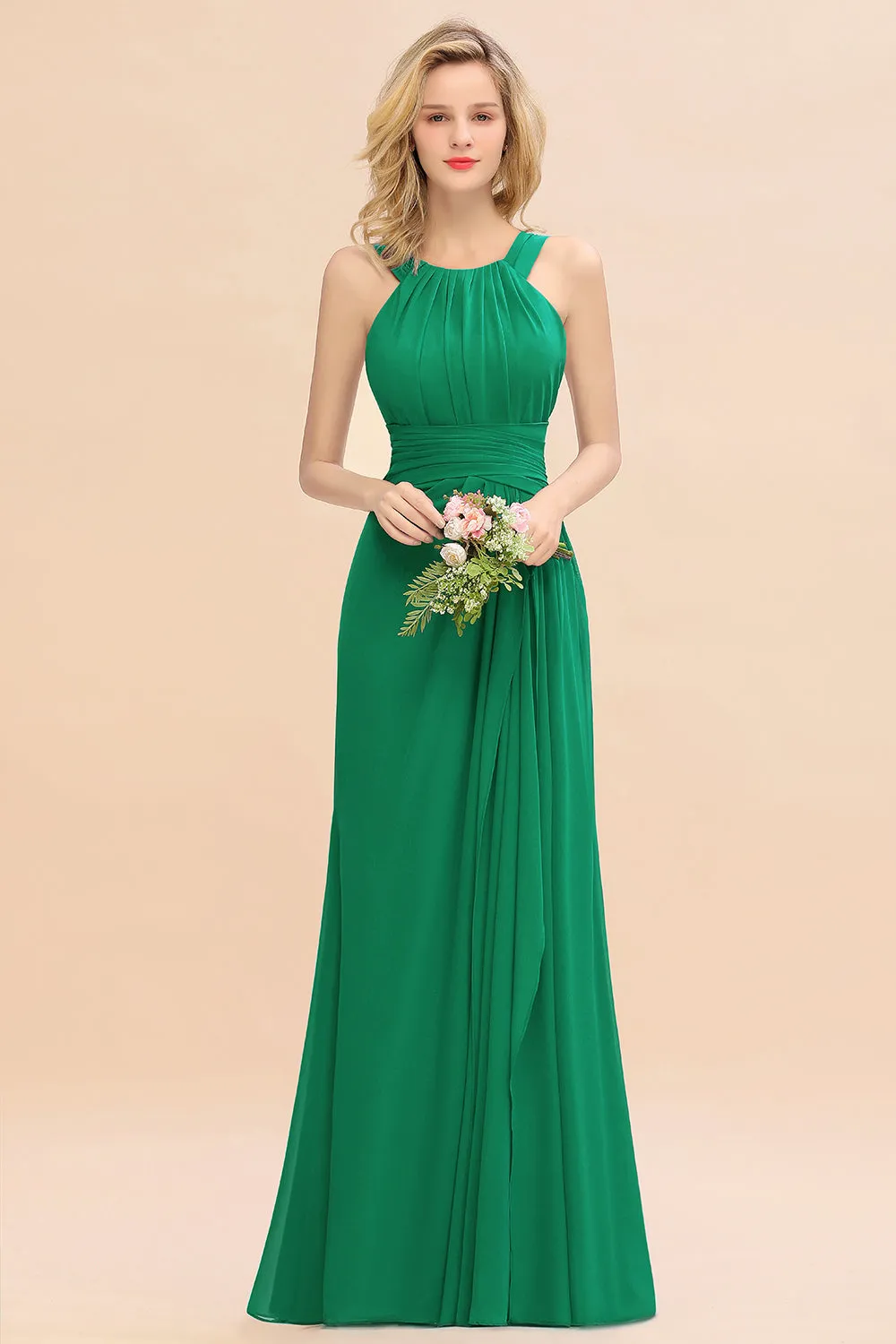 Beautiful Long A-line Halter Chiffon Backless Bridesmaid Dresses