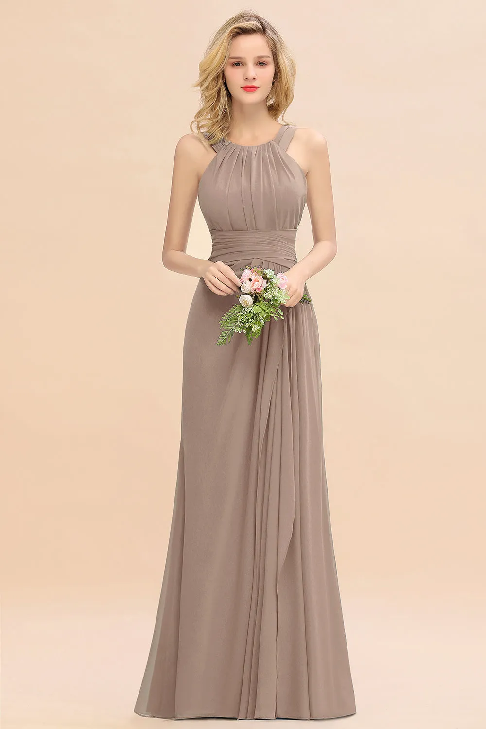 Beautiful Long A-line Halter Chiffon Backless Bridesmaid Dresses