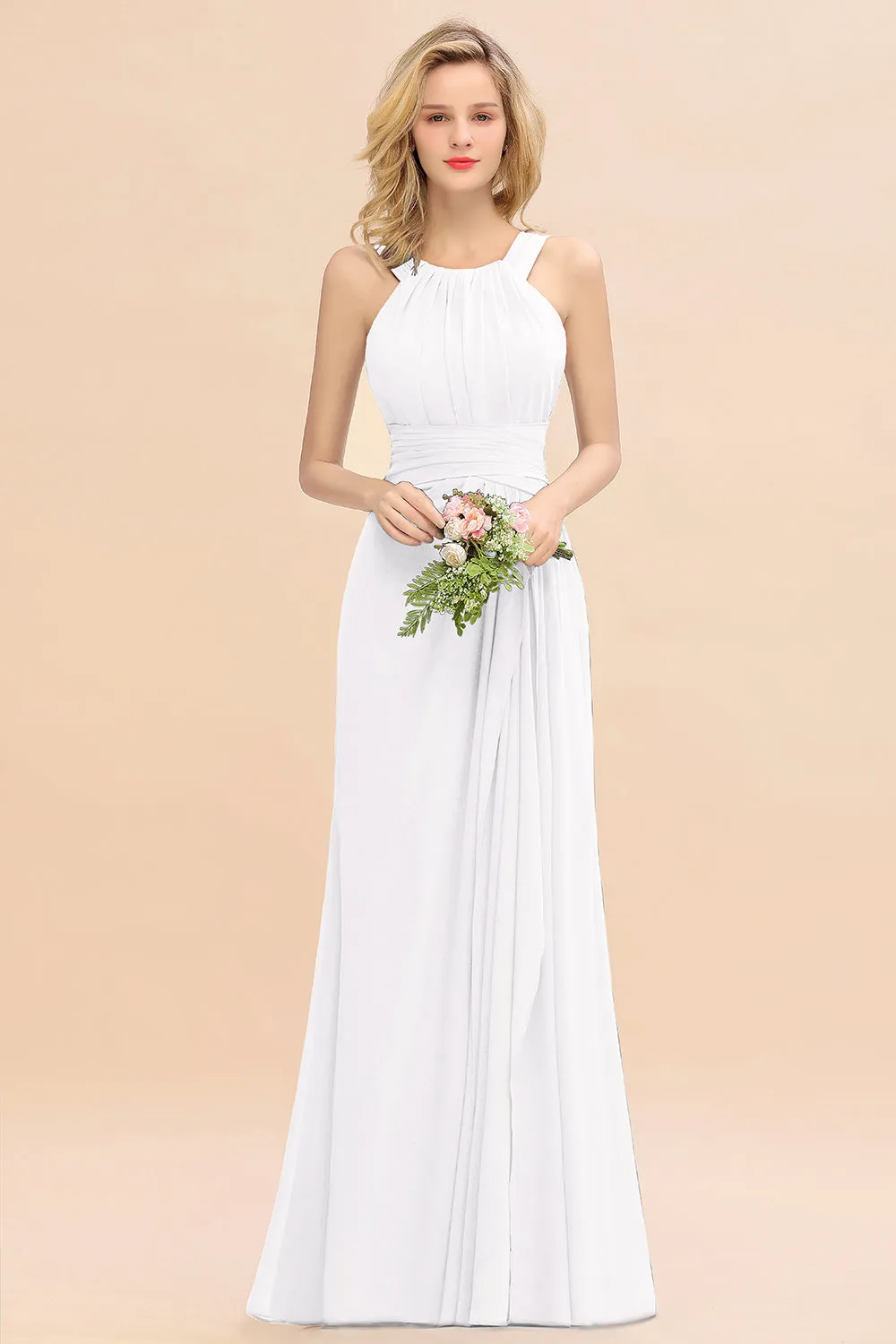 Beautiful Long A-line Halter Chiffon Backless Bridesmaid Dresses