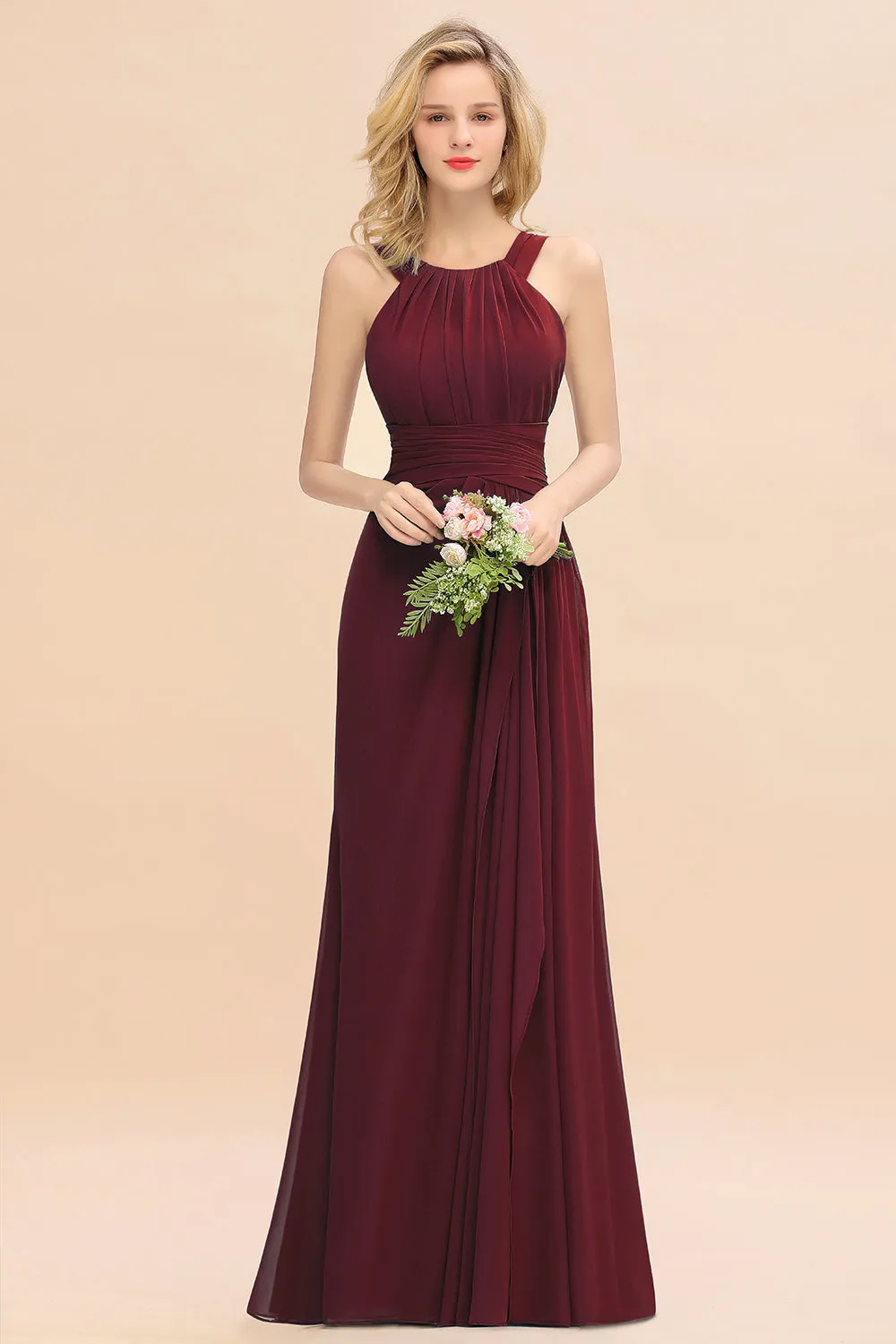 Beautiful Long A-line Halter Chiffon Backless Bridesmaid Dresses