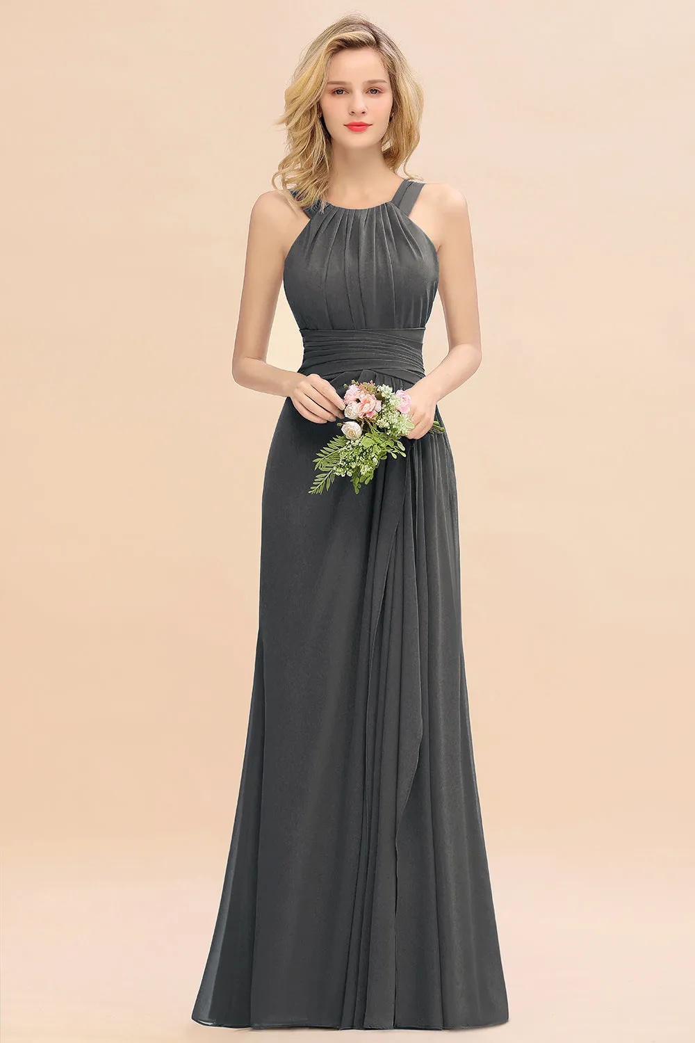 Beautiful Long A-line Halter Chiffon Backless Bridesmaid Dresses