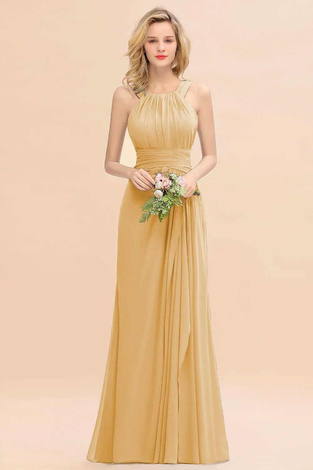 Beautiful Long A-line Halter Chiffon Backless Bridesmaid Dresses