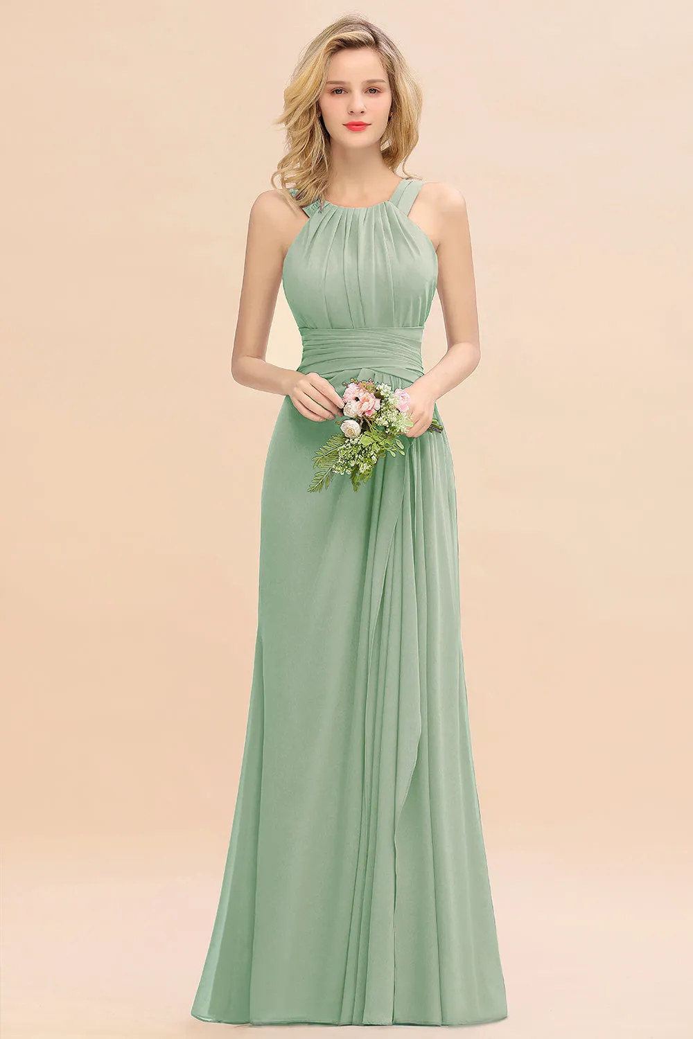 Beautiful Long A-line Halter Chiffon Backless Bridesmaid Dresses