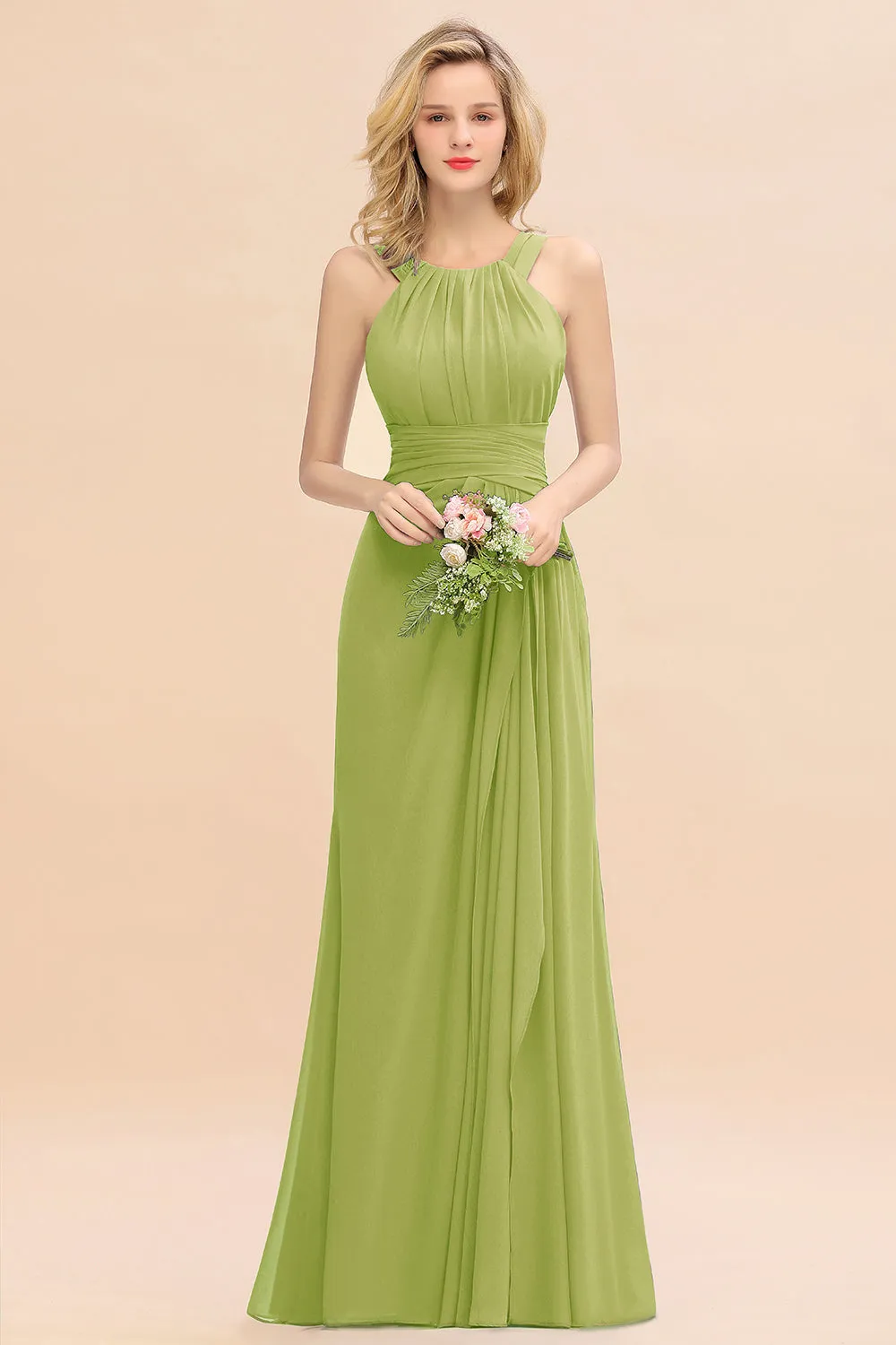 Beautiful Long A-line Halter Chiffon Backless Bridesmaid Dresses