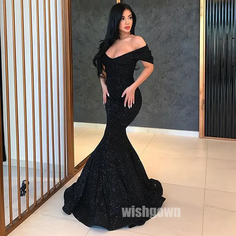 Black Off the Shoulder Mermaid Long Prom Dresses, MD1133