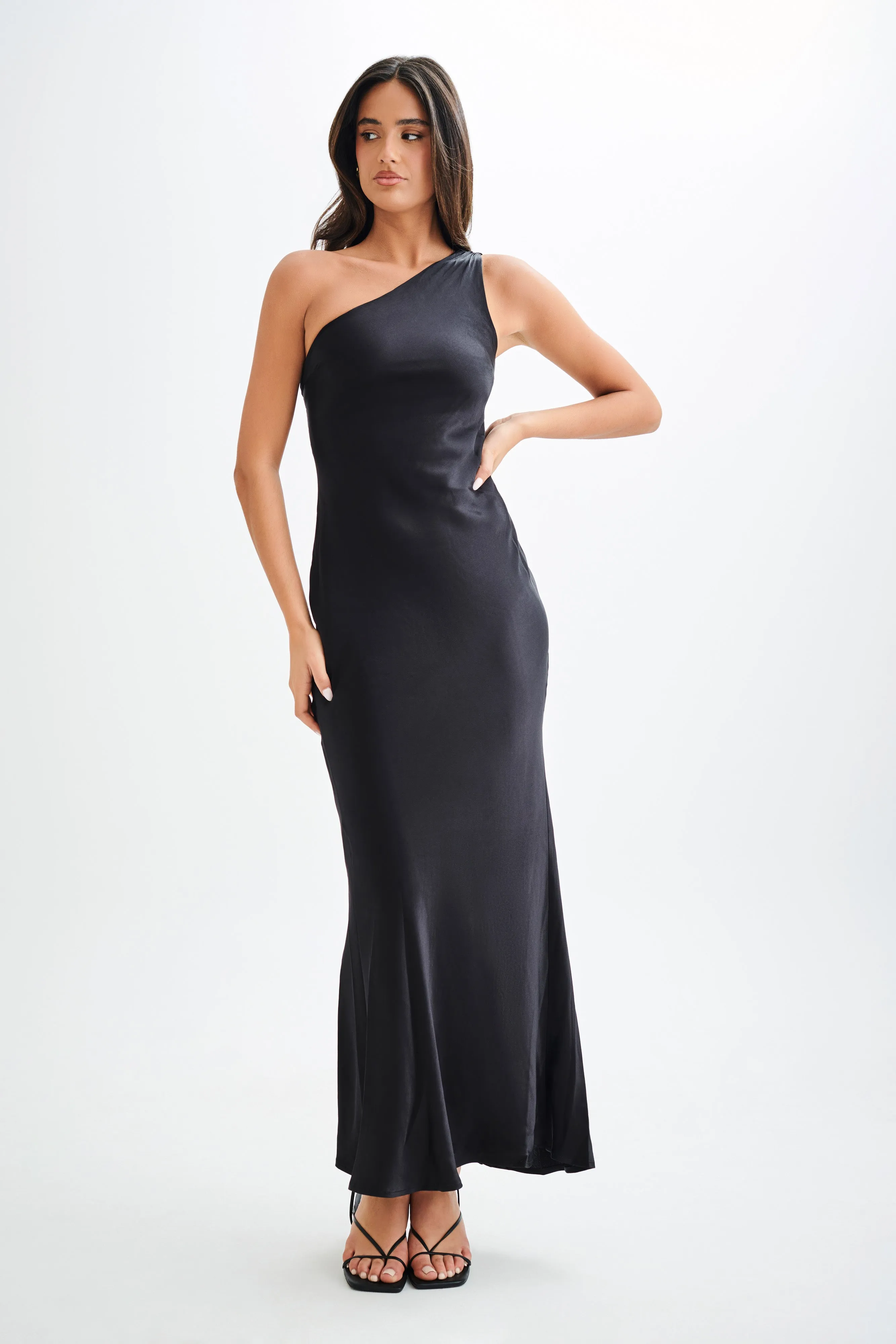 Camille One Shoulder Satin Maxi Dress - Black