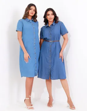 Collared Midi Denim Dress with Pockets