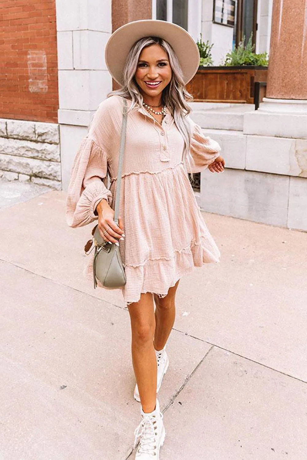 Crinkle Distressed Puff Sleeve Flared Dress