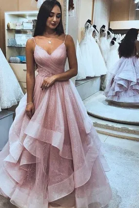 Elegant Pink Tulle A-Line Ruffle Spaghetti Straps Sleeveless Prom Dresses, SP453