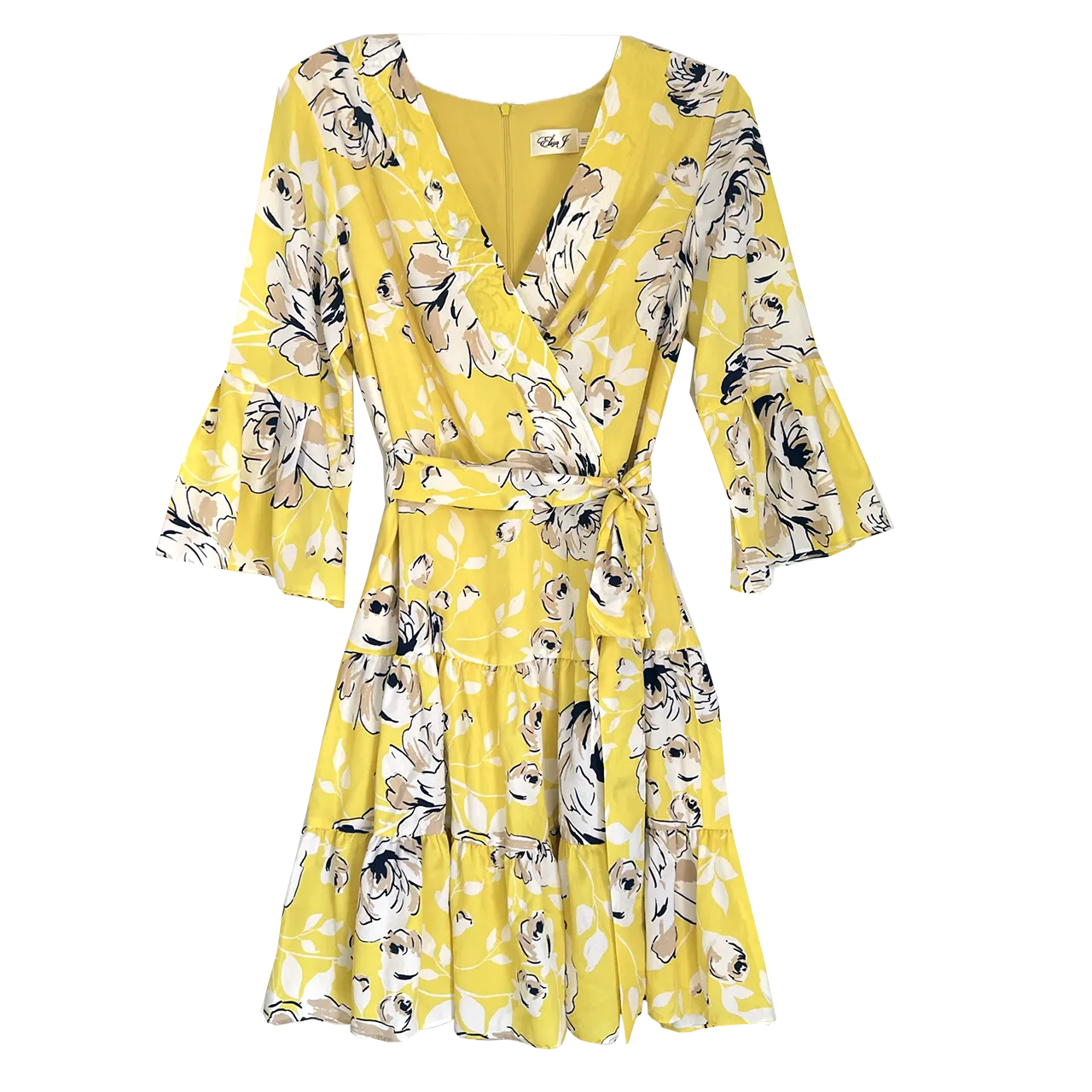 Eliza J Yellow Faux Wrap Floral Chiffon Dress, Size 14