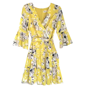 Eliza J Yellow Faux Wrap Floral Chiffon Dress, Size 14