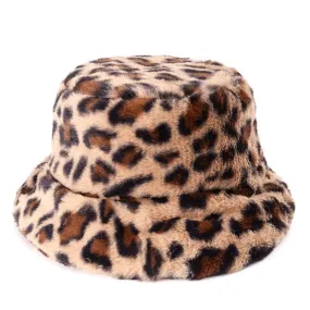 Faux Fur Bucket Hats With Brim Leopard Print or 4 Solid Colors