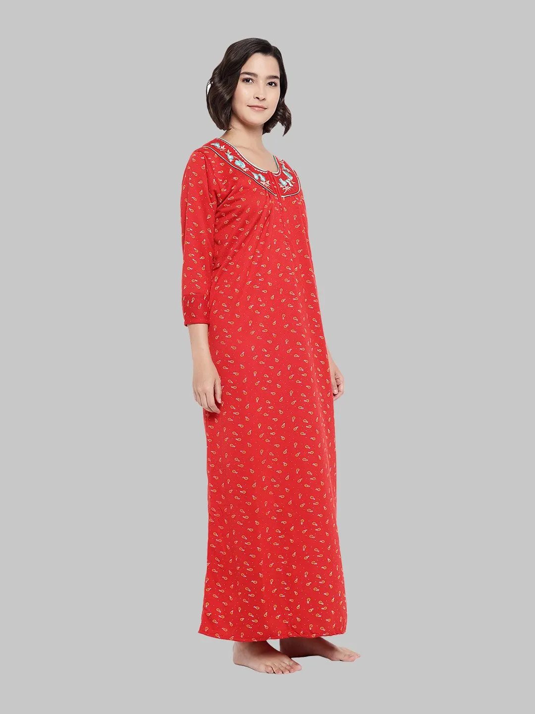 Floral Woolen Nighty - Red & Golden