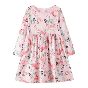 Full Sleeve Beautiful Unicorn Floral Pattern Girls Dress, Pink