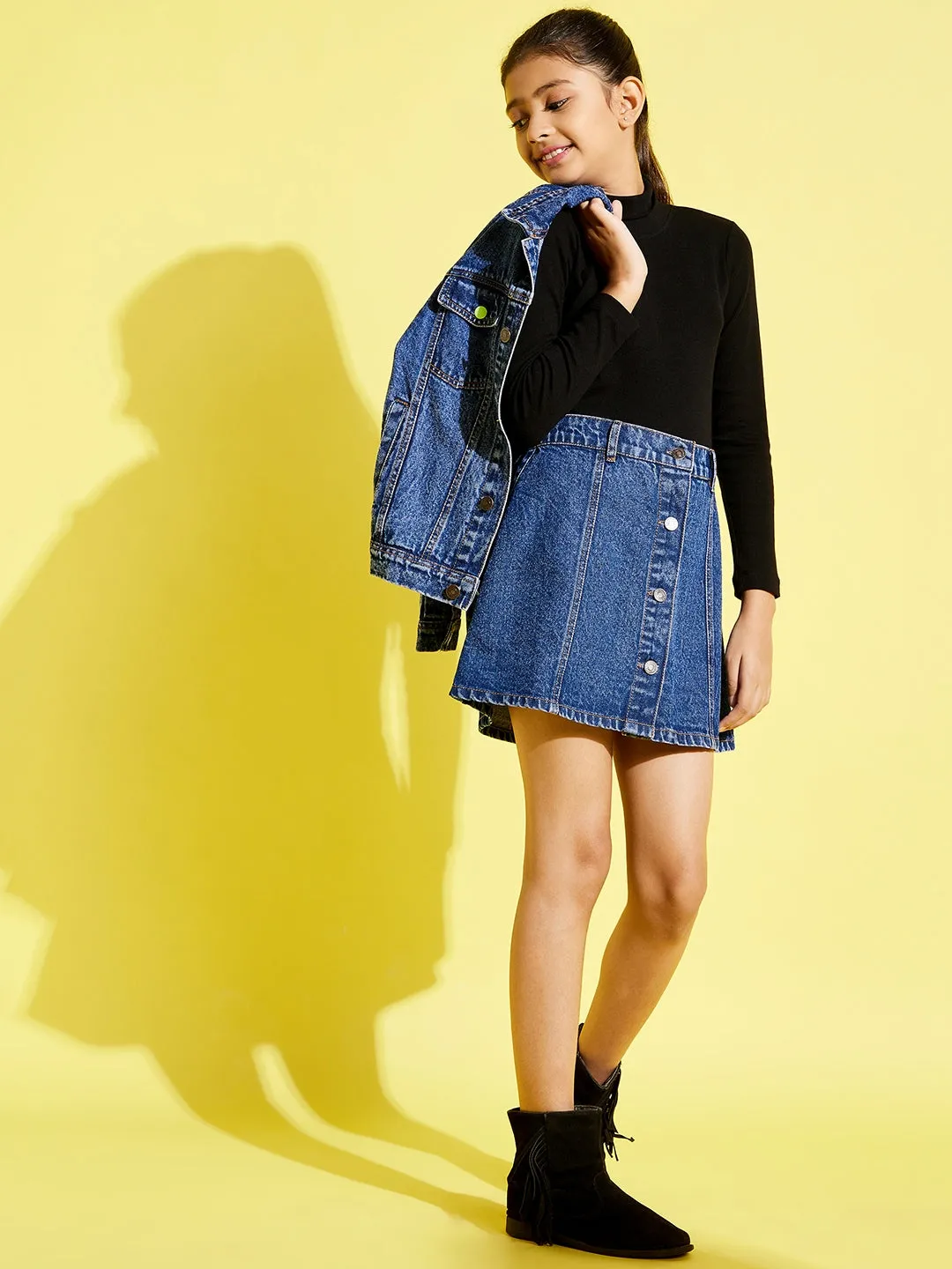 Girls Blue Front Button Denim Mini Skirt