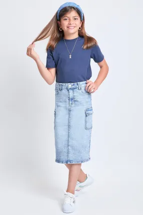 Girls Denim Long Cargo Clean Hem Skirt