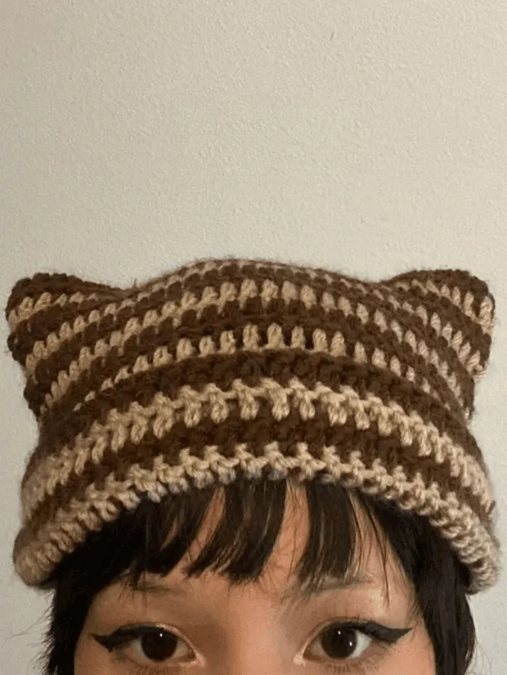 Hand Made Horn Detail Striped Knitted Hat