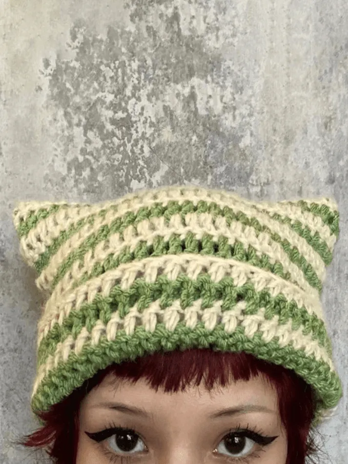 Hand Made Horn Detail Striped Knitted Hat