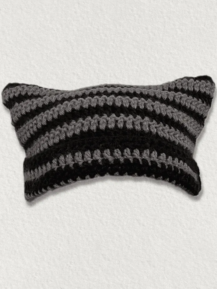 Hand Made Horn Detail Striped Knitted Hat