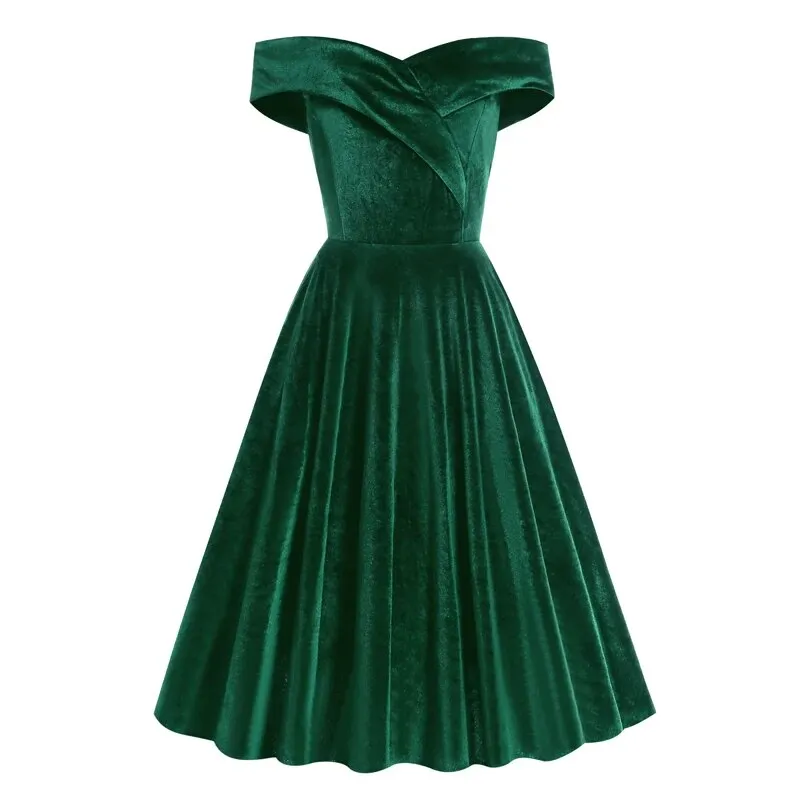 Off Shoulder Solid Velvet Winter Retro Dress, Fit and Flare Vintage Ladies Party Swing Dress