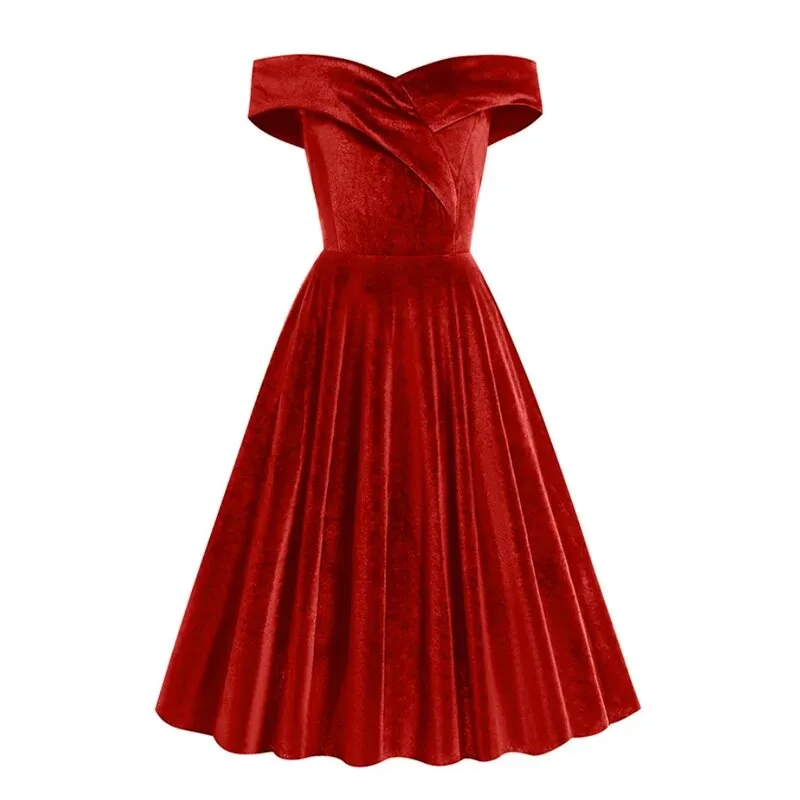 Off Shoulder Solid Velvet Winter Retro Dress, Fit and Flare Vintage Ladies Party Swing Dress