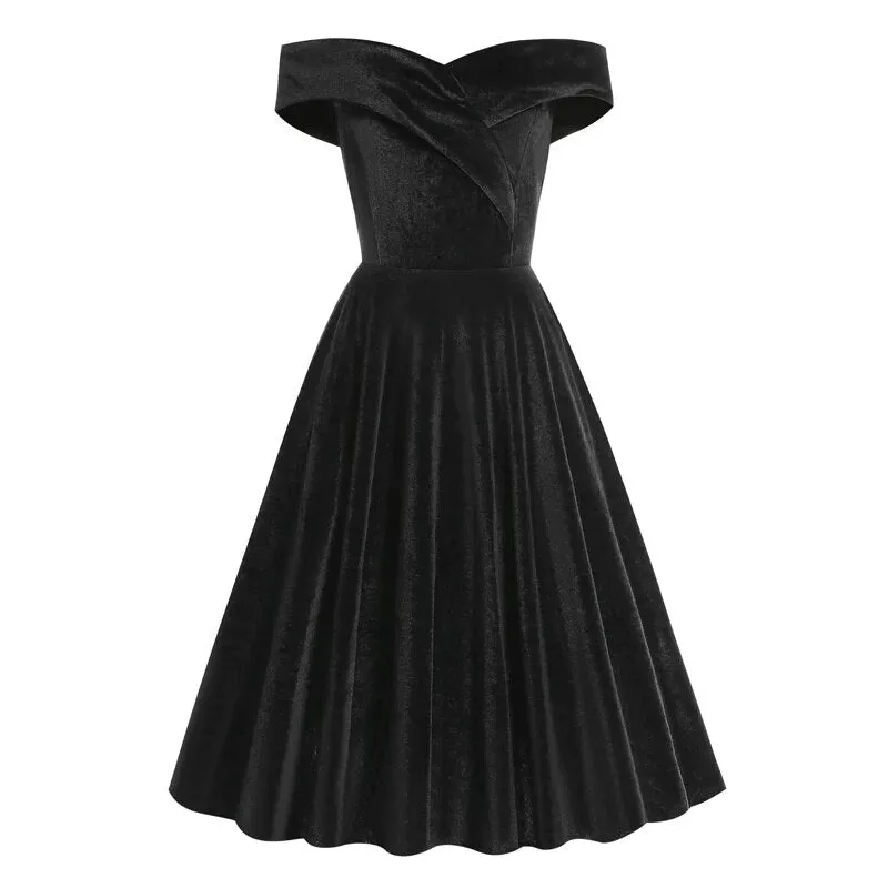 Off Shoulder Solid Velvet Winter Retro Dress, Fit and Flare Vintage Ladies Party Swing Dress