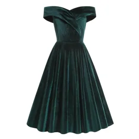 Off Shoulder Solid Velvet Winter Retro Dress, Fit and Flare Vintage Ladies Party Swing Dress