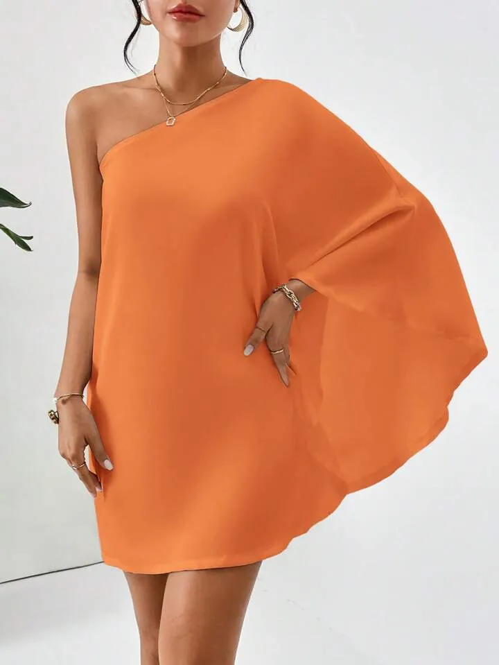 One shoulder batwing sleeve dress in orange