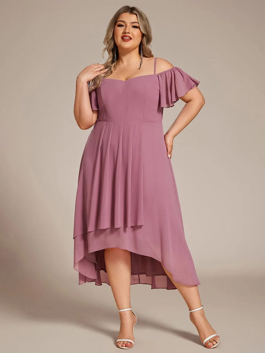 Plus Size Cold Shoulder Sweetheart Necklin Chiffon Midi Wedding Guest Dress