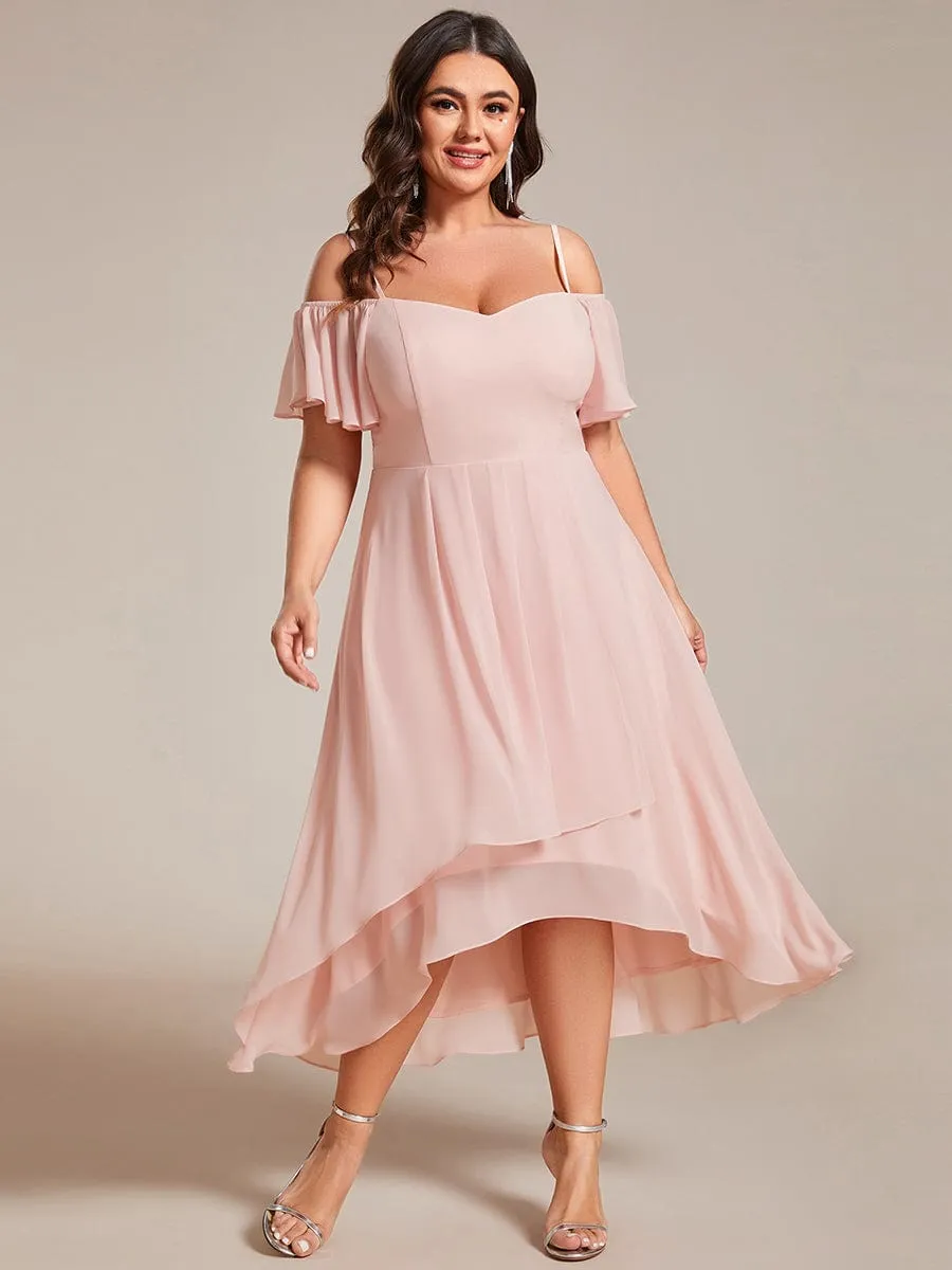 Plus Size Cold Shoulder Sweetheart Necklin Chiffon Midi Wedding Guest Dress