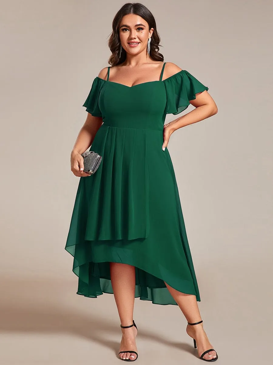 Plus Size Cold Shoulder Sweetheart Necklin Chiffon Midi Wedding Guest Dress