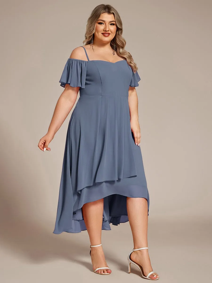 Plus Size Cold Shoulder Sweetheart Necklin Chiffon Midi Wedding Guest Dress