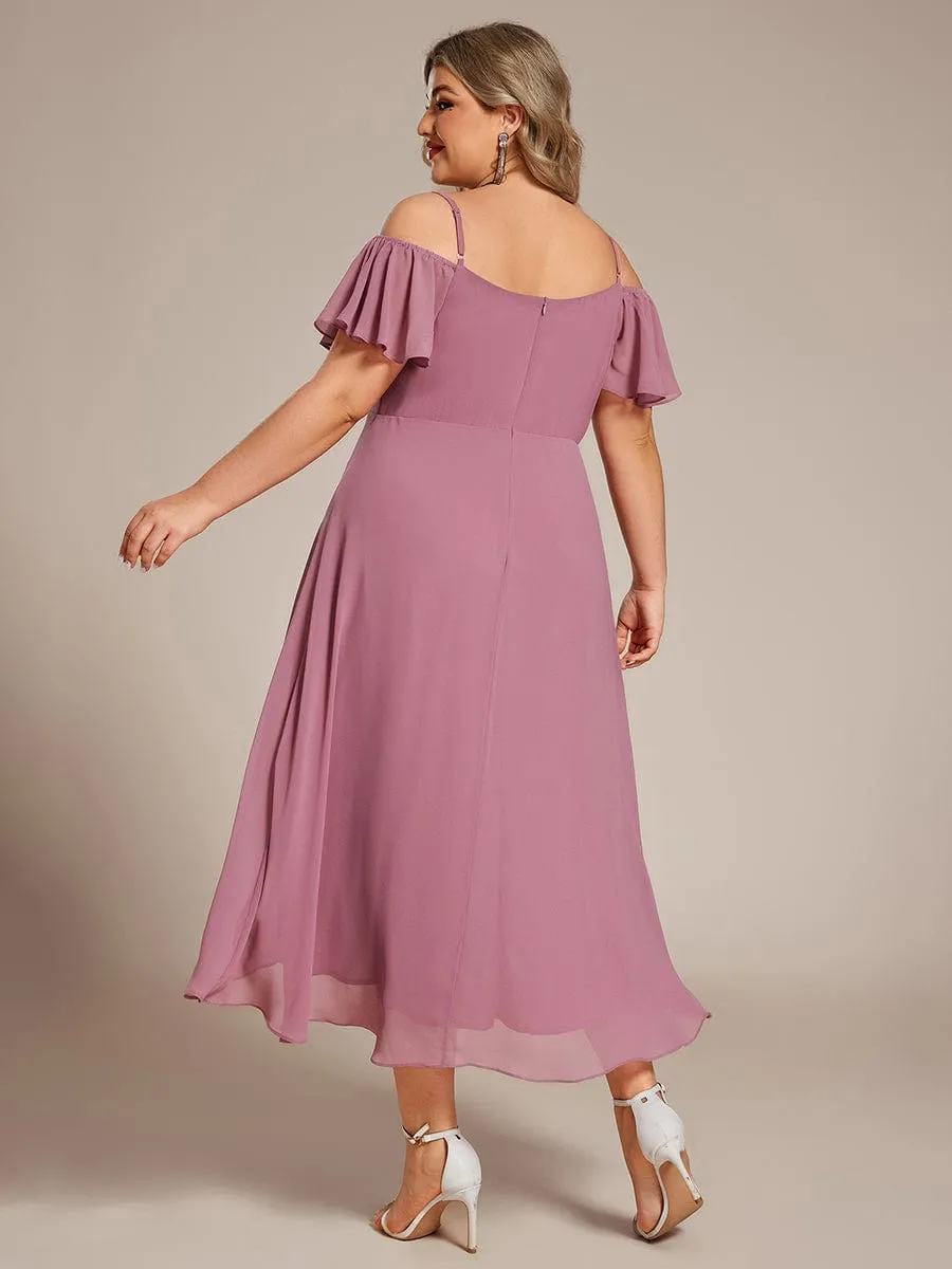 Plus Size Cold Shoulder Sweetheart Necklin Chiffon Midi Wedding Guest Dress