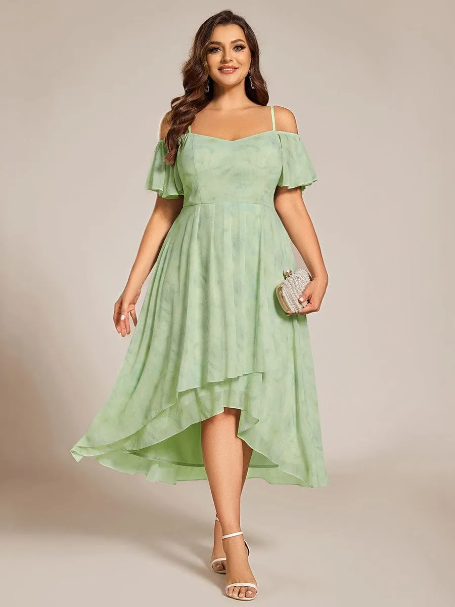 Plus Size Cold Shoulder Sweetheart Necklin Chiffon Midi Wedding Guest Dress