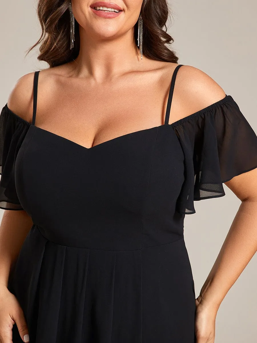 Plus Size Cold Shoulder Sweetheart Necklin Chiffon Midi Wedding Guest Dress