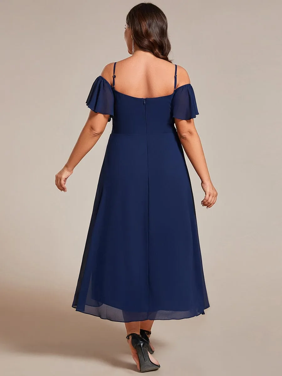 Plus Size Cold Shoulder Sweetheart Necklin Chiffon Midi Wedding Guest Dress