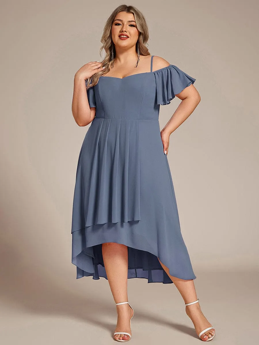 Plus Size Cold Shoulder Sweetheart Necklin Chiffon Midi Wedding Guest Dress