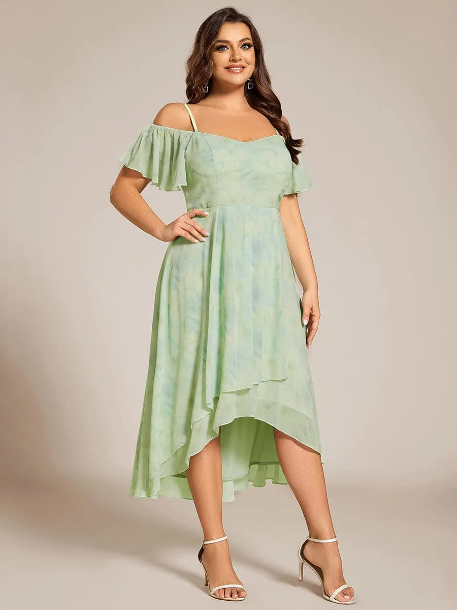 Plus Size Cold Shoulder Sweetheart Necklin Chiffon Midi Wedding Guest Dress