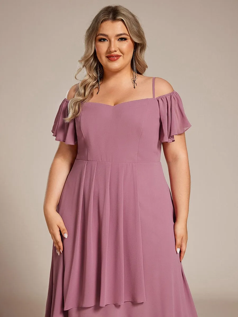 Plus Size Cold Shoulder Sweetheart Necklin Chiffon Midi Wedding Guest Dress