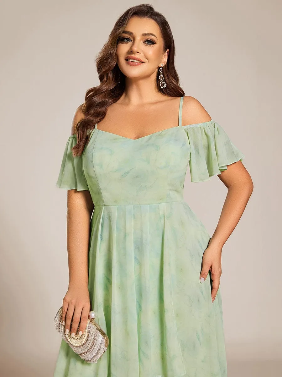 Plus Size Cold Shoulder Sweetheart Necklin Chiffon Midi Wedding Guest Dress