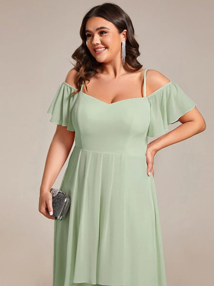 Plus Size Cold Shoulder Sweetheart Necklin Chiffon Midi Wedding Guest Dress