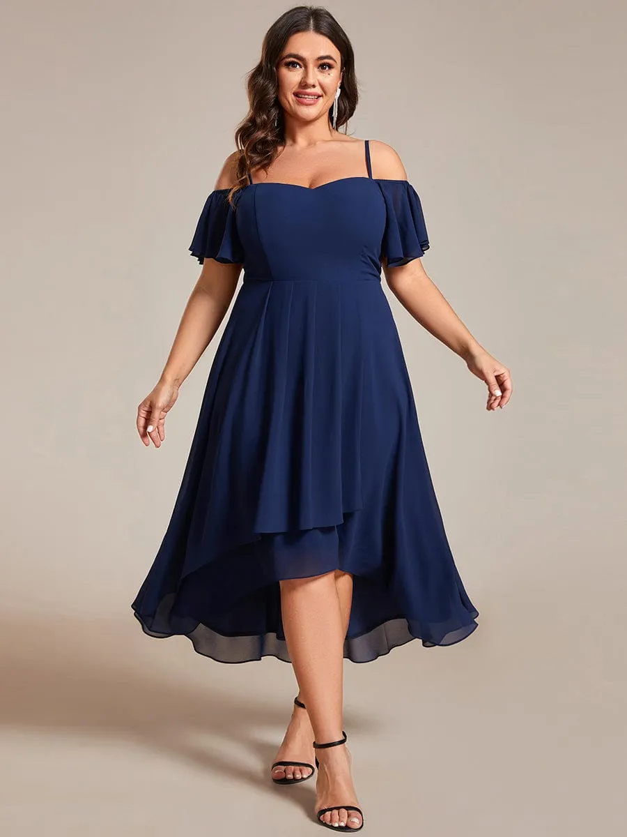 Plus Size Cold Shoulder Sweetheart Necklin Chiffon Midi Wedding Guest Dress