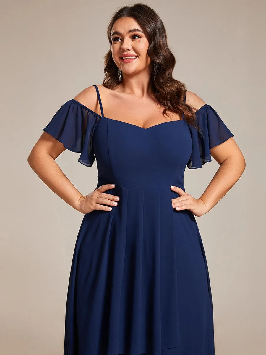 Plus Size Cold Shoulder Sweetheart Necklin Chiffon Midi Wedding Guest Dress